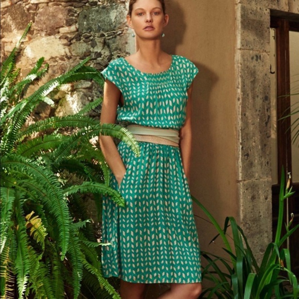 Anthropologie Maeve Evaline Smocked Waist Green Print Dress - Picture 2 of 7